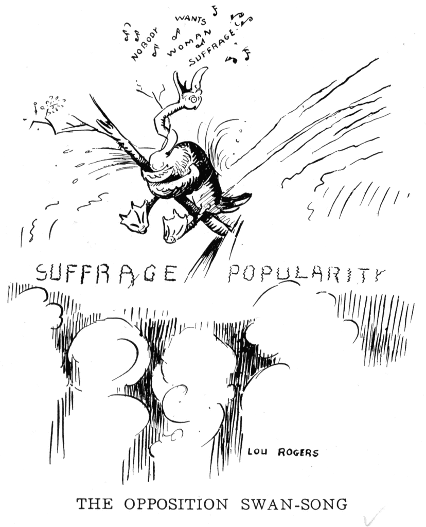 Another cartoon showing women's suffrage as an unavoidable event that the opposition was vainly trying to stop.